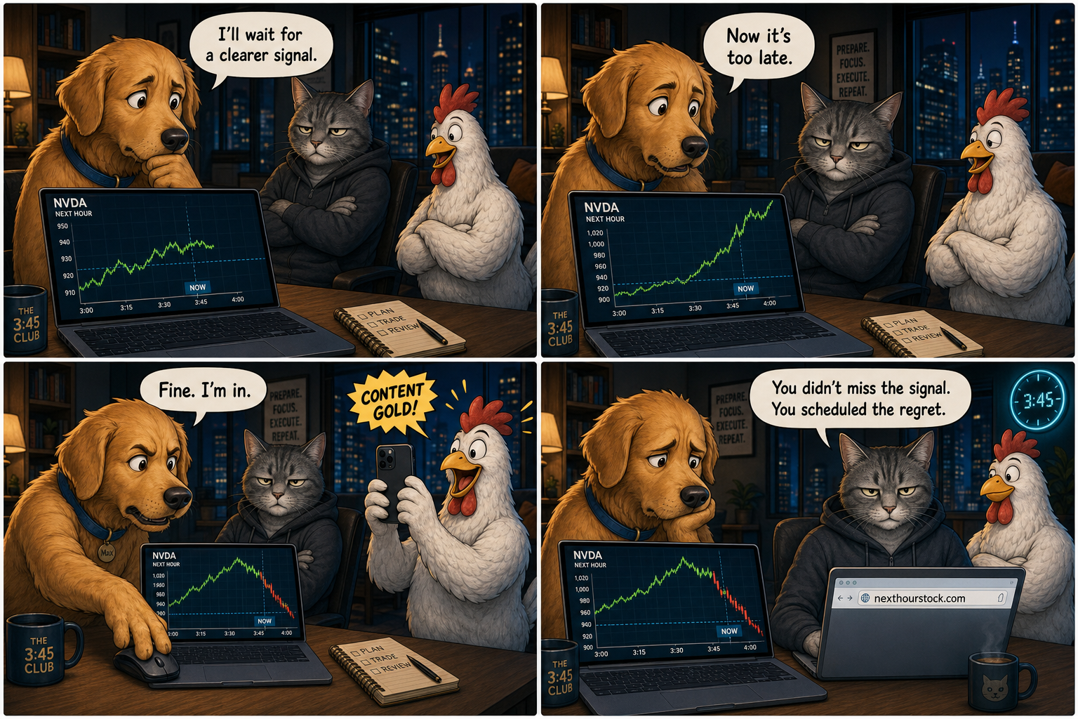 The One-Hour Bet — a four-panel NextHourStock comic