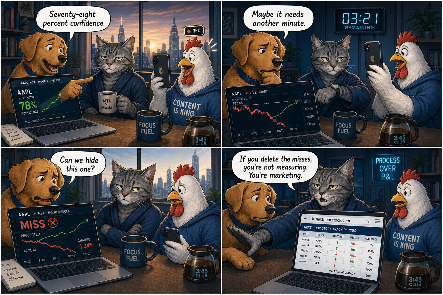 The Forecast That Failed — a four-panel NextHourStock comic